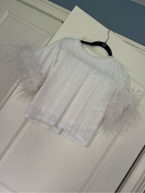 Lucy White Sequin Top with Feather Trimmed Sleeves